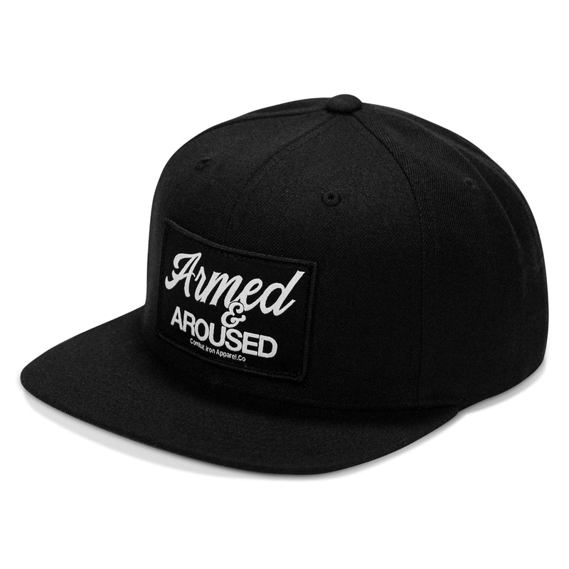 Load image into Gallery viewer, Armed &amp; Aroused Patch Flatbill Snapback Hat
