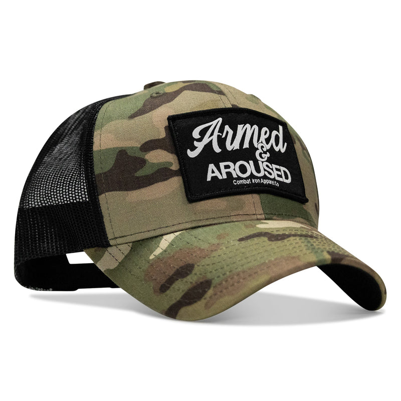 Load image into Gallery viewer, Armed &amp; Aroused Patch Snapback Hat
