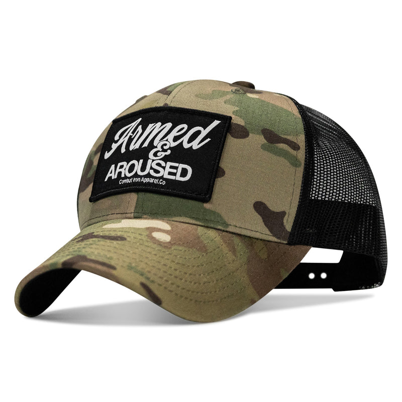 Load image into Gallery viewer, Armed &amp; Aroused Patch Snapback Hat
