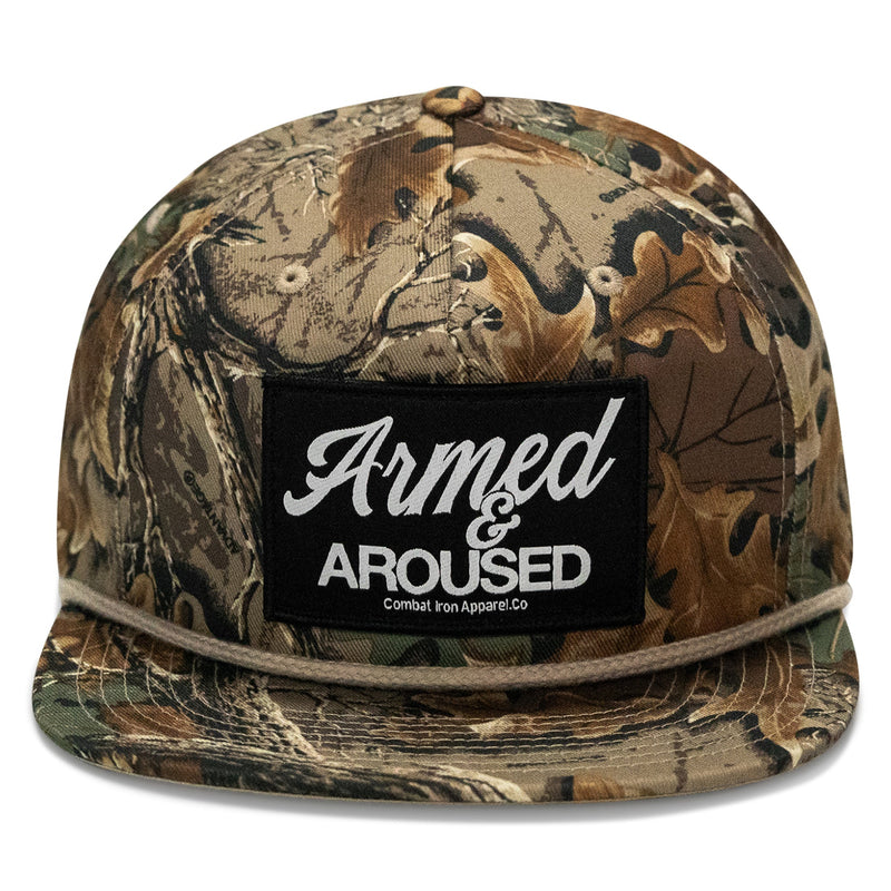 Load image into Gallery viewer, Armed &amp; Aroused Patch Flatbill Snapback Hat
