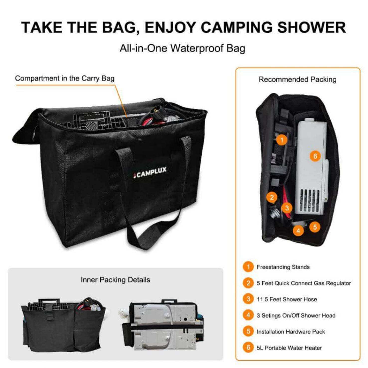 Camplux Outdoor Portable Water Heater w/ Stand & Storage Bag - White - Skoutley Outdoors LLC