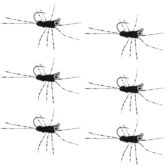 Barbless Pat's Rubber Legs Tungsten Bead Jig Black Euro Nymph 6 Flies