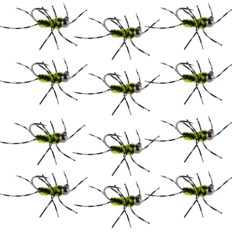 Load image into Gallery viewer, Pat's Rubber Legs Tungsten Jig Black/Chartreuse Euro Nymph 12 Flies Size 6
