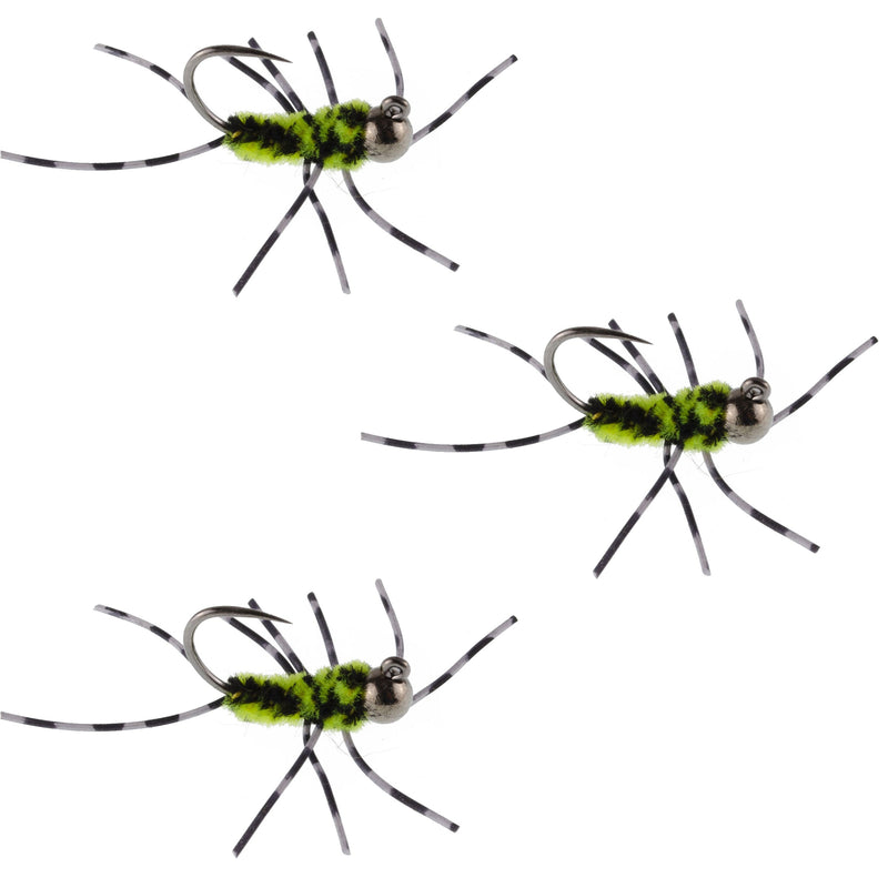 Load image into Gallery viewer, 3 Pack Barbless Pat&#39;s Barred Rubber Legs Tungsten Bead Jigged Black/Chartreuse Euro Nymph  - Hook Size 6
