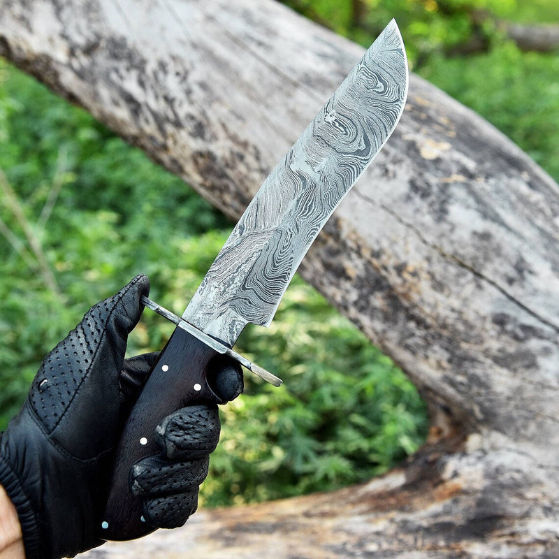 Load image into Gallery viewer, Custom Handmade 13&quot; American-Made Damascus Steel Bowie Knife with Rosewood Handle and Leather Sheath
