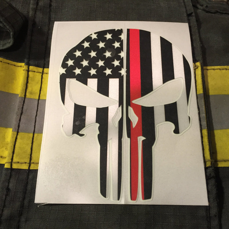 Load image into Gallery viewer, THIN RED LINE FLAG PUNISHER SKULL REAR HELMET REFLECTIVE/GLOW IN THE DARK STARS &amp; STRIPES/OUTLINE  HELMET DECAL

