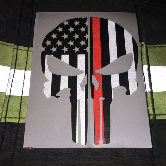 THIN RED LINE FLAG PUNISHER SKULL REAR HELMET REFLECTIVE/GLOW IN THE DARK STARS & STRIPES/OUTLINE  HELMET DECAL
