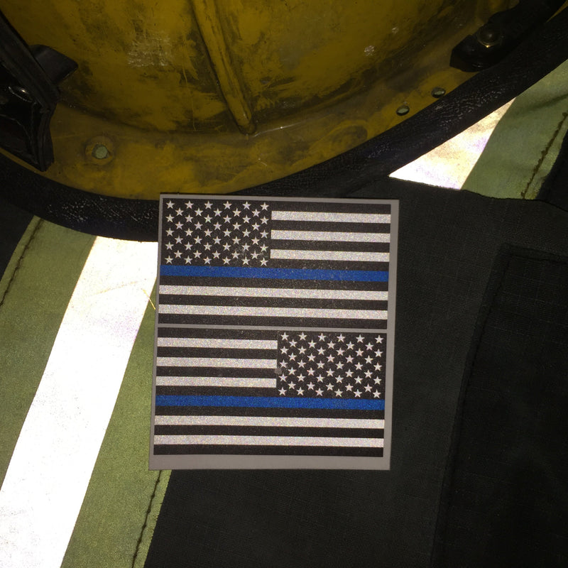 Load image into Gallery viewer, THIN BLUE LINE AMERICAN FLAGS REFLECTIVE WINDOW DECAL
