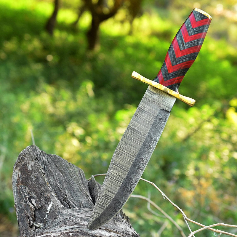 Load image into Gallery viewer, Antique Damascus Steel Bowie Knife – 11&quot; with Brass Guard and Pakka Wood Handle
