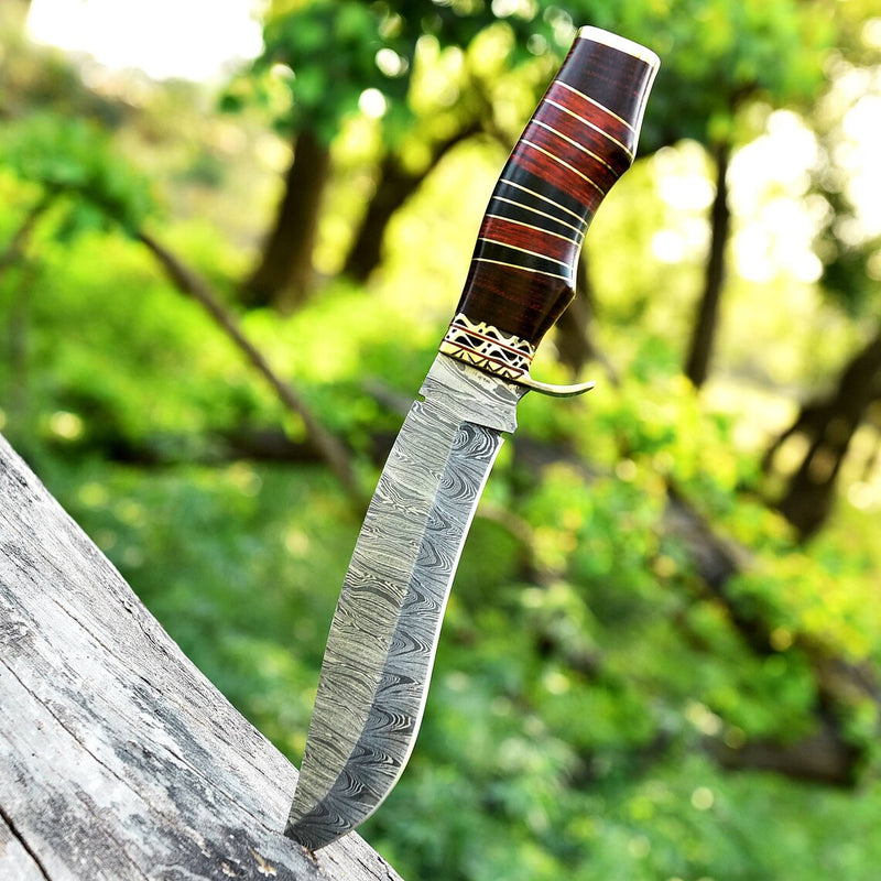 Load image into Gallery viewer, Antique 13&quot; Damascus Steel Bowie Knife – Brass Guard and Pakkawood Handle with Leather Sheath
