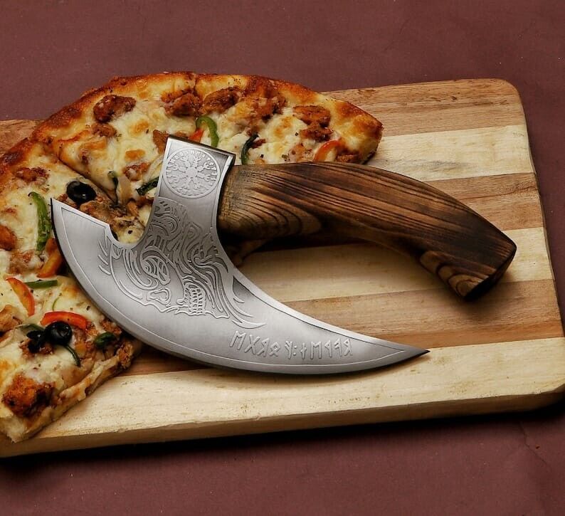 Load image into Gallery viewer, Axe Pizza Cutter – Custom Hand-Engraved J2 Steel Blade with Wooden Handle
