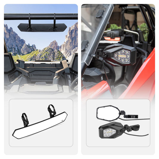 UTV 1.65"-2" Tube Rear View Mirror & UTV 1.6"-2" Tube LED Side Mirrors
