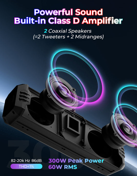 KEMIMOTO Midnight 40B 16'' 2-Speaker Louder RGB UTV Sound Bar (Built-in Battery)