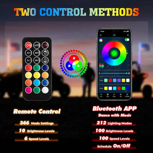 2PCS Whip Light w/RF, APP Control & Flag mount & 12V Switch On-off