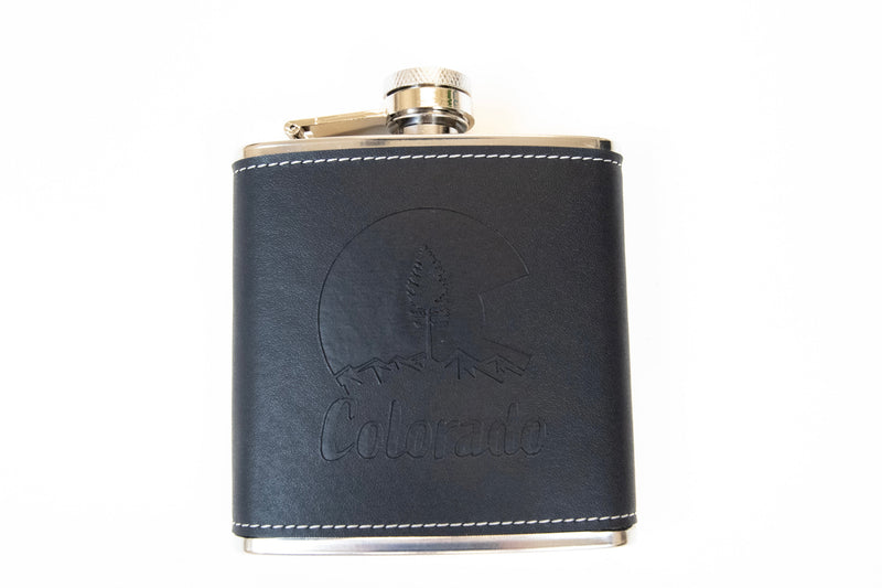 Load image into Gallery viewer, Colorado 7oz Black Leather Leak Proof Stainless Steel Hip Flask Embossed
