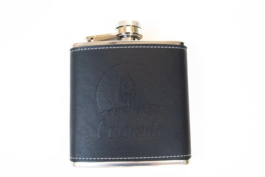 Colorado 7oz Black Leather Leak Proof Stainless Steel Hip Flask Embossed