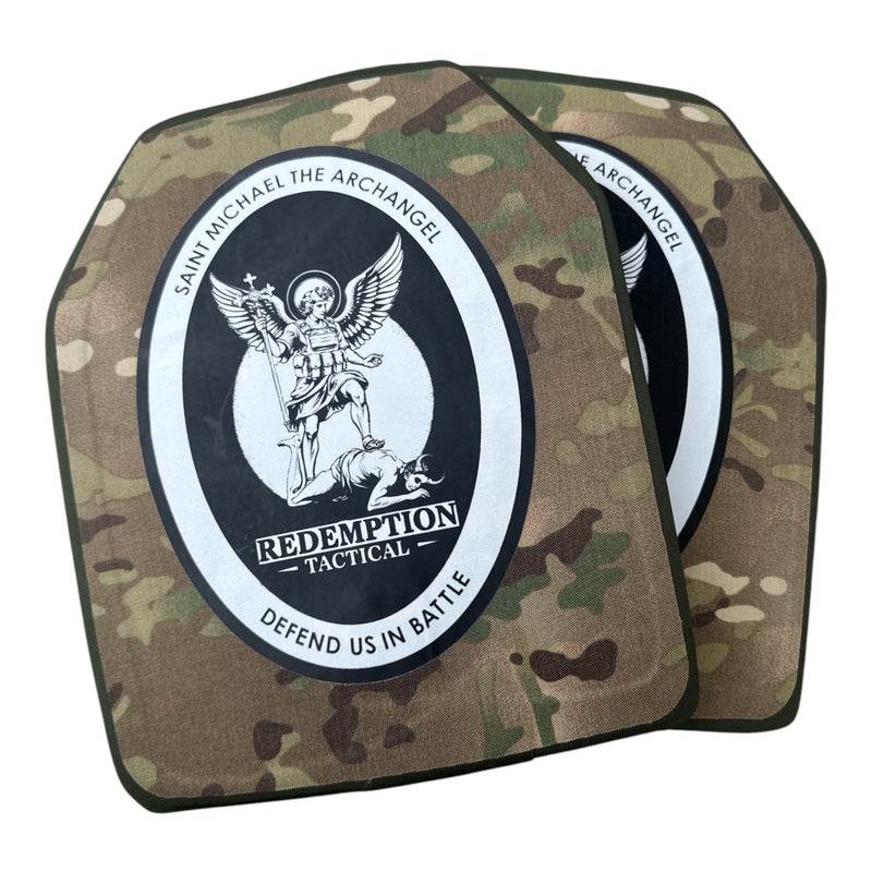 Load image into Gallery viewer, St Michael Archangel Plates Pair of 10x12 Level IV Ceramic PE Plates Ballistic FRONT AND BACK (SIZE SMALL to LARGE) Curved with Shooters Cut
