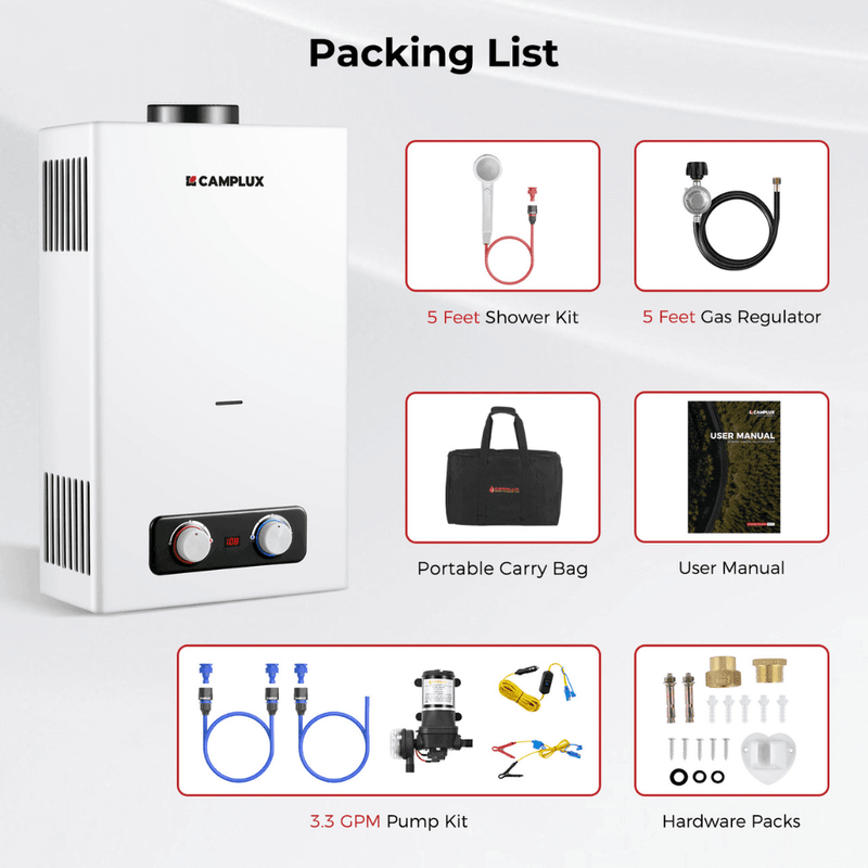 Load image into Gallery viewer, Tankless Water Heater, Camplux 2.64 GPM Outdoor Propane Water Heater, Gas Water Heater with 3.3 GPM Water Pump &amp; Pipe Strainer for Camping, Cabins
