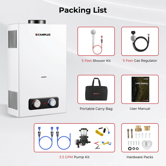 Tankless Water Heater, Camplux 2.64 GPM Outdoor Propane Water Heater, Gas Water Heater with 3.3 GPM Water Pump & Pipe Strainer for Camping, Cabins