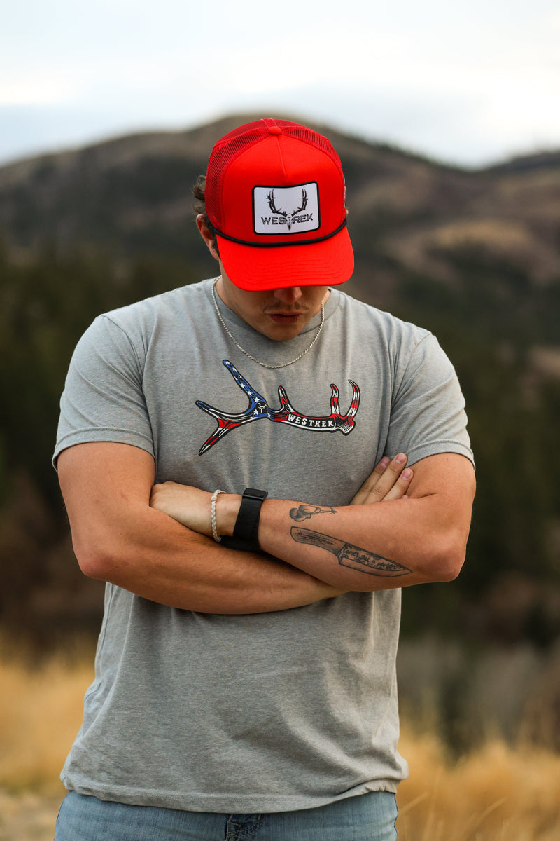 Load image into Gallery viewer, “Red Lightning Wes” 5-Panel Trucker Hat – Retro Western Mesh Back | Original Westrek Logo Cap | Red &amp; White Snapback
