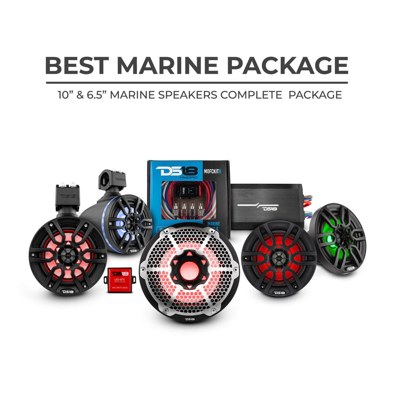 Load image into Gallery viewer, DS18 Best Marine Stereo Subwoofer Package  1 x 10” Subwoofer | 2 x 6.5” Speaker Tower | 2 x 6.5” Marine Speaker | 1 x 5 Ch Amplifier | 1 x MOFCKIT4 and 1 x LED-BTC
