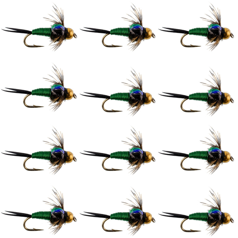 Load image into Gallery viewer, Bead Head Green Copper John Nymph Fly Fishing Flies - 1 Dozen Flies Hook Size 16
