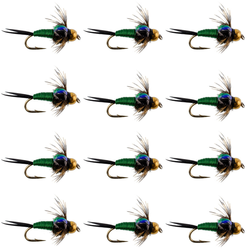 Load image into Gallery viewer, Bead Head Green Copper John Nymph Fly Fishing Flies - 1 Dozen Flies Hook Size 14
