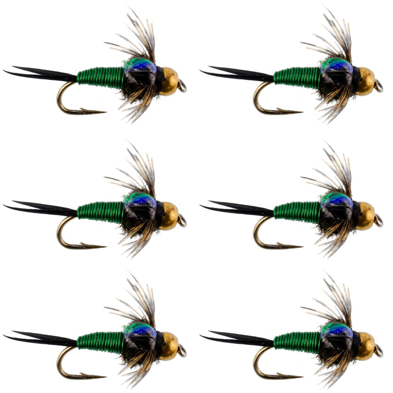 Load image into Gallery viewer, Bead Head Green Copper John Nymph Fly Fishing Flies - Set of 6 Flies Hook Size 18

