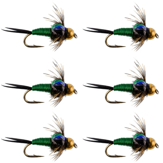 Bead Head Green Copper John Nymph Fly Fishing Flies - Set of 6 Flies Hook Size 18