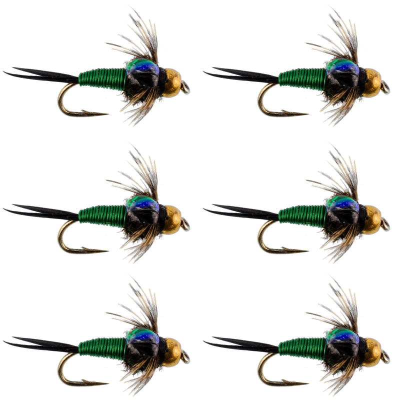 Load image into Gallery viewer, Bead Head Green Copper John Nymph Fly Fishing Flies - Set of 6 Flies Hook Size 14
