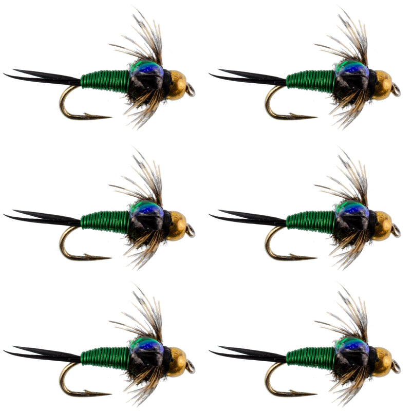 Load image into Gallery viewer, Bead Head Green Copper John Nymph Fly Fishing Flies - Set of 6 Flies Hook Size 16
