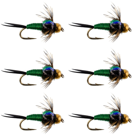 Bead Head Green Copper John Nymph Fly Fishing Flies - Set of 6 Flies Hook Size 16