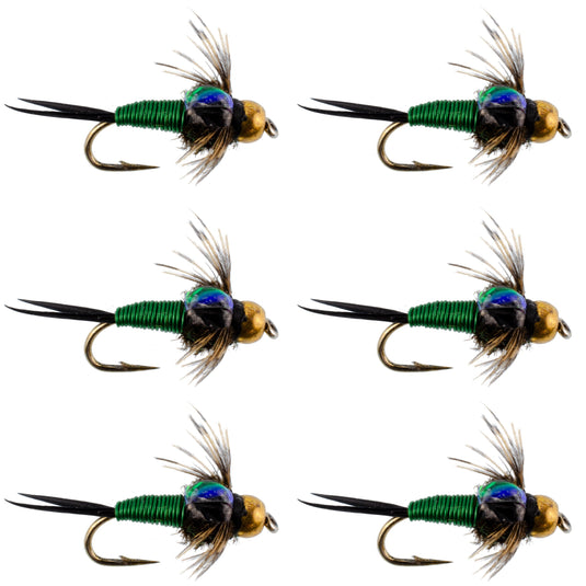 Bead Head Green Copper John Nymph Fly Fishing Flies - Set of 6 Flies Hook Size 14