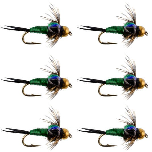 Bead Head Green Copper John Nymph Fly Fishing Flies - Set of 6 Flies Hook Size 12