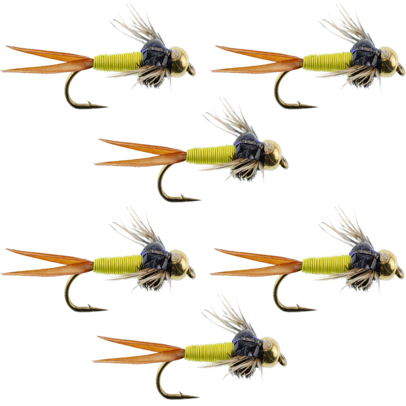 Load image into Gallery viewer, Bead Head Hot Yellow Copper John Nymph - 6 Fly Fishing Flies - Hook Size 10

