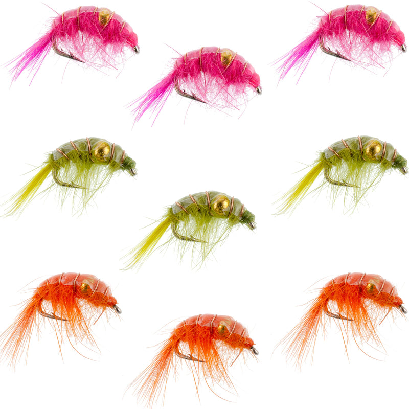 Load image into Gallery viewer, Beaded Shrimp Scud Assortment - 9 Flies - 3 Each of 3 Patterns Size 12 - Tailwater Lake Fly Fishing Flies Collection

