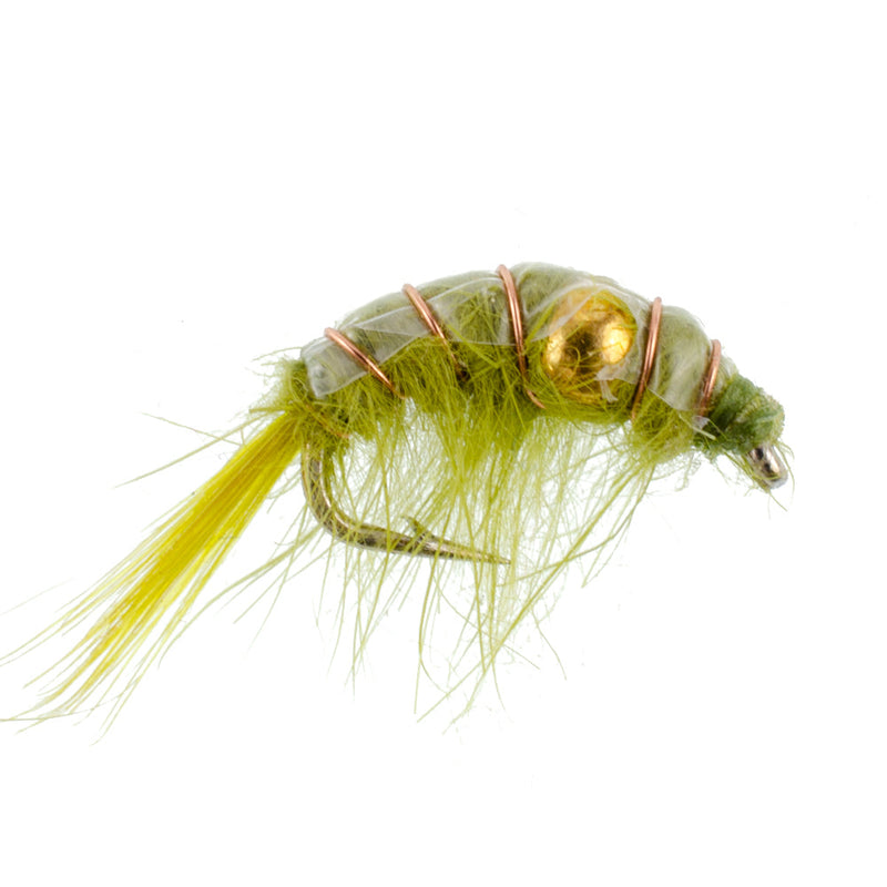 Load image into Gallery viewer, 3 Pack Olive Beaded Shrimp Scud Pattern - Size 12 - Tailwater Lake Fly Fishing Nymph Flies

