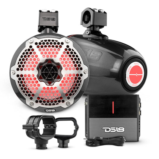 Bronco 6th Gen Roll Bar Audio Bundle – 8" Marine Tower Speakers with RGB LED Lights, OEM Roll Bar Mounting Clamps & Amplifier