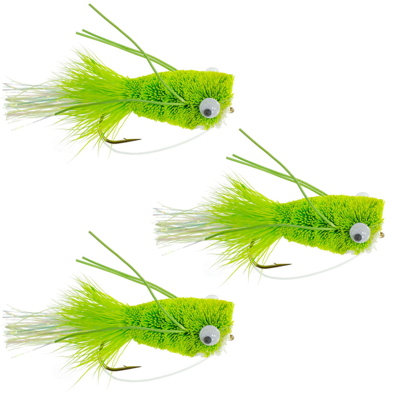 Load image into Gallery viewer, 3 Pack Flashtail Bass Popper Size 6 - Chartreuse Bass Fly Fishing Bug Wide Gape Bass Hooks With Weed Guard
