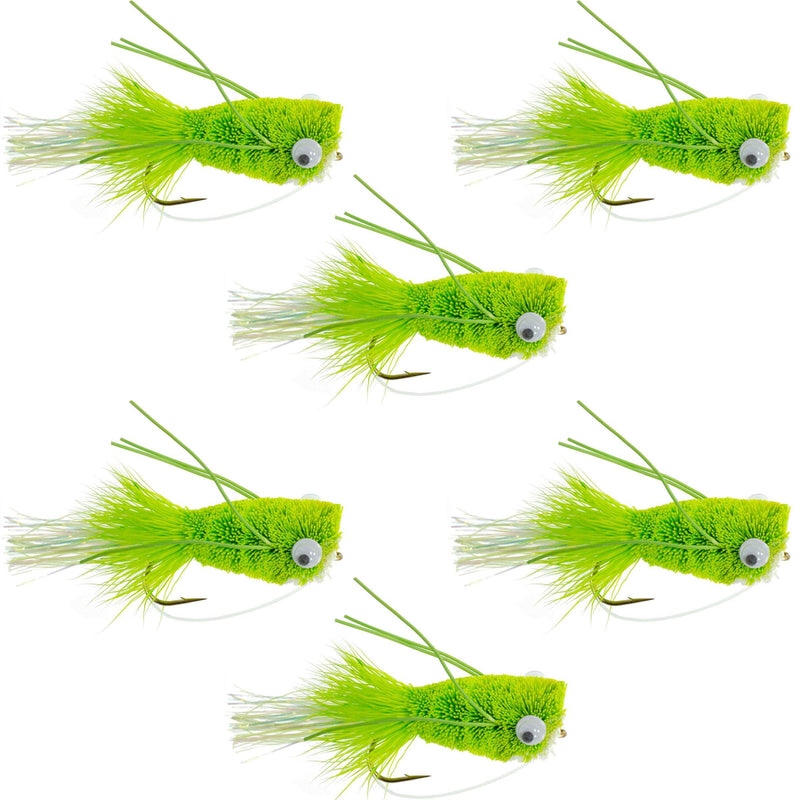 Load image into Gallery viewer, Flashtail Bass Popper 6 Flies Hook Size 6 - Chartreuse Bass Fly Fishing Bug Wide Gape Bass Hooks With Weed Guard
