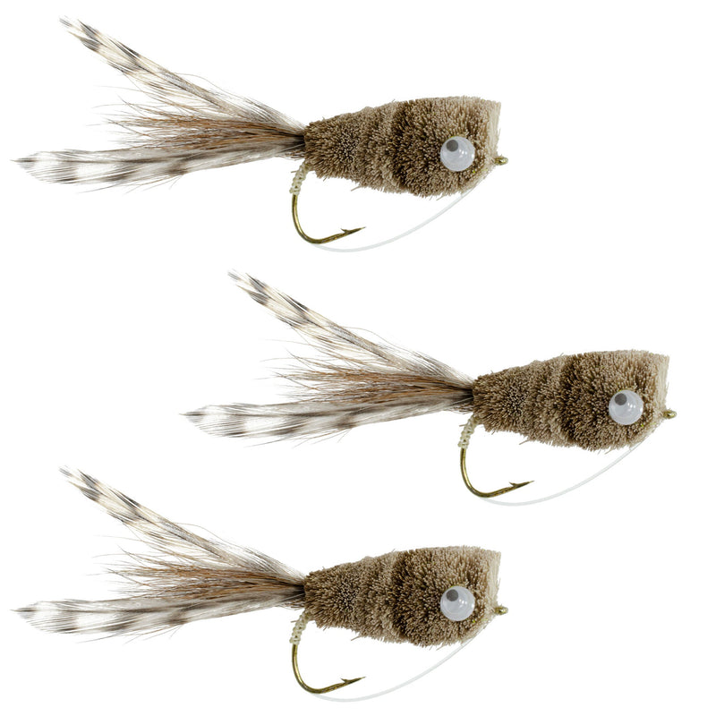 Load image into Gallery viewer, 3 Pack Natural Deer Hair and Grizzly Bass Popper Size 8 Bass Fly Fishing Bug Wide Gape Bass Hooks With Weed Guard
