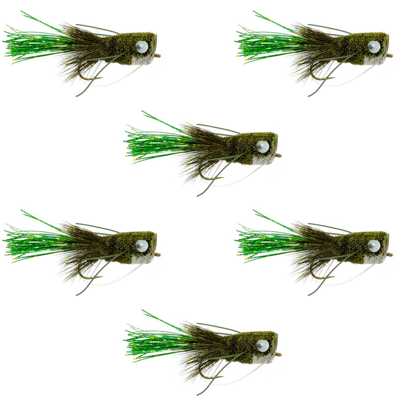Load image into Gallery viewer, Flashtail Bass Popper 6 Flies Size 8 - Olive Bass Fly Fishing Bug Wide Gape Bass Hooks With Weed Guard
