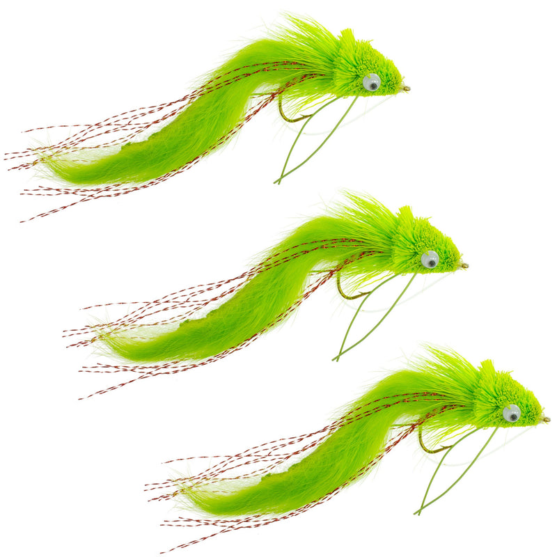 Load image into Gallery viewer, 3 Pack Chartreuse Rabbit Strip Deer Hair Diver Size 4 -  Bass Fly Fishing Bug Wide Gape Bass Hooks With Weed Guard

