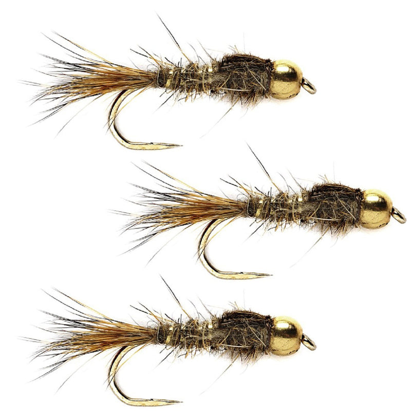Load image into Gallery viewer, 3 Pack Barbless Bead Head Gold Ribbed Hare&#39;s Ear Nymph Flies Hook Size 14

