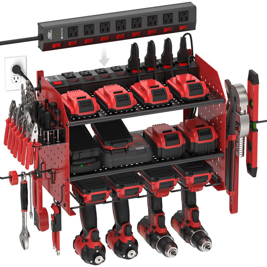 3 Layers Power Tools Organizer Wall Mount with Charging Station, Garage Tool Storage Rack Shelf with 8-Outlet Individual Switches Power Strip
