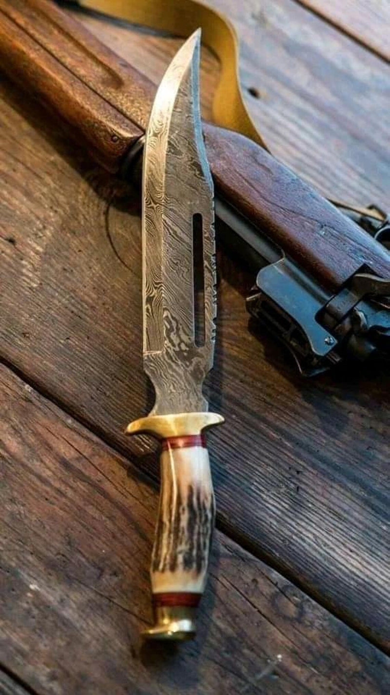 Load image into Gallery viewer, Damascus Steel Vintage Bowie Knife – 13" with Brass Guard &amp; Stag Horn Handle, Comes with Leather Sheath
