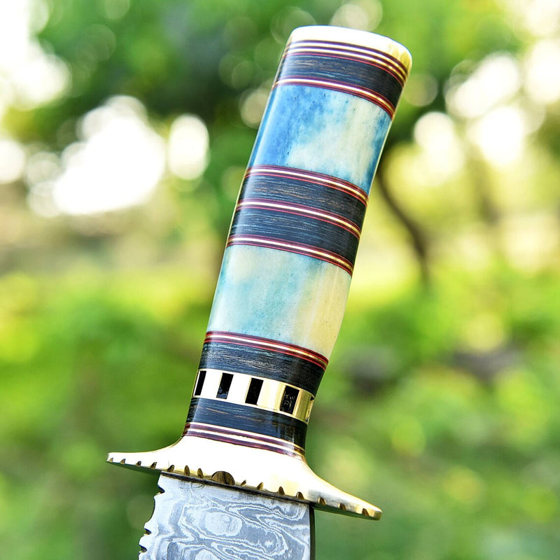 Load image into Gallery viewer, Damascus Steel Antique Bowie Knife for Sale – 13&quot; with Brass Guard, Color Bone &amp; Pakkawood Handle, Includes Leather Sheath
