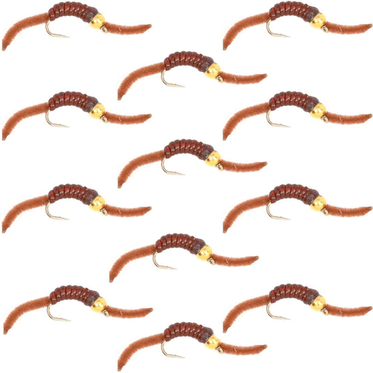 San Juan Bead Head Power Worm Brown V-Rib - 1 Dozen Hook Size 14