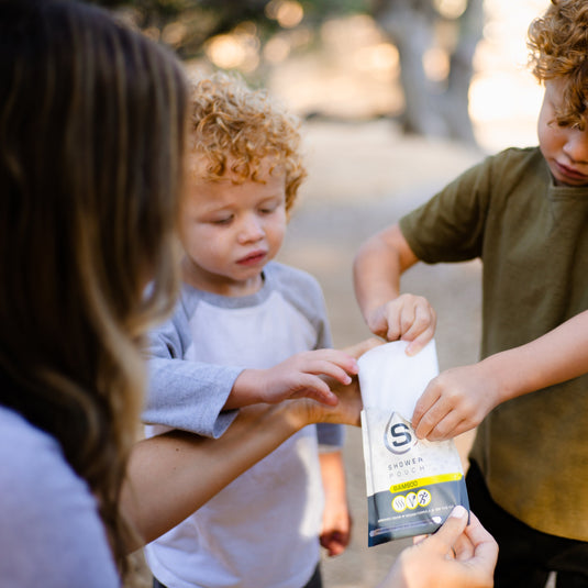 Tactical Molle Zipper Bag + Adventure Sampler Kit: 4 Shower Pouches, 1 Hand Sanitizer (80%), and 1 Deodorant