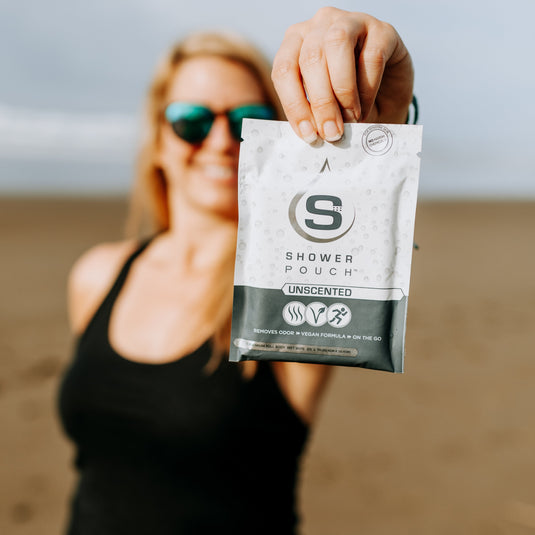 Adventure Sampler Kit: 4 Shower Pouches, 1 Hand Sanitizer (80%), and 1 Deodorant